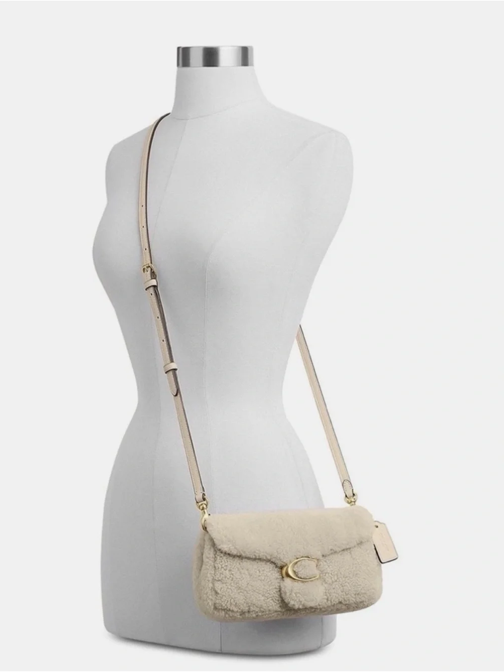Coach Cream Shearling tabby chain crossbody 19 wristlet in shearling brass beige